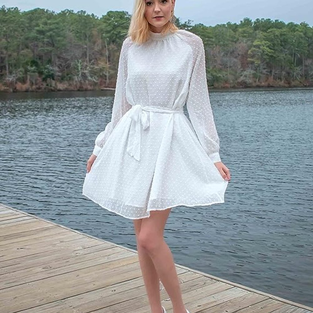 IFFEI Women Long Sleeve Lace Flowy Casual Chiffon Midi Dress without Belt